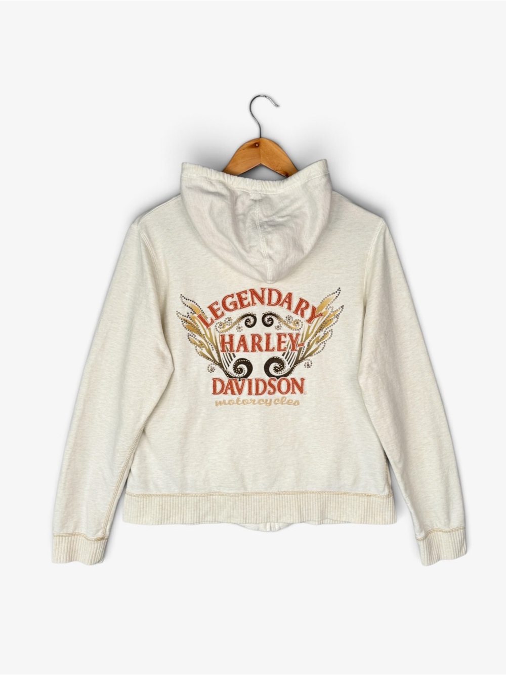 Harley Davidson Legendary Graphic Zip Hoodie Cream XL Studded Bikercore